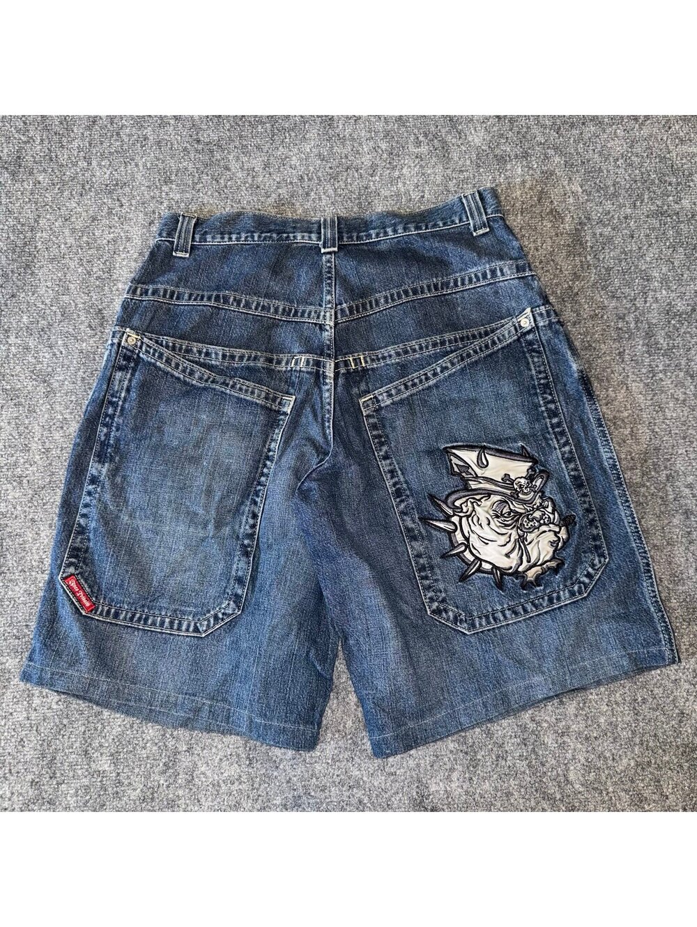 JNCO Grail Big Head Bulldog Denim Jorts Mens LG 34x30 Vtg y2k 90s Rare